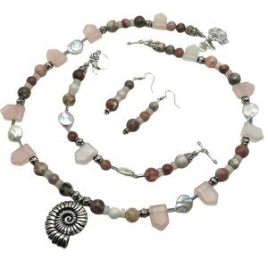 Metal Nautilus Pendant - Rose Quartz, Flower Agate, Keishi Pearl & Pewter